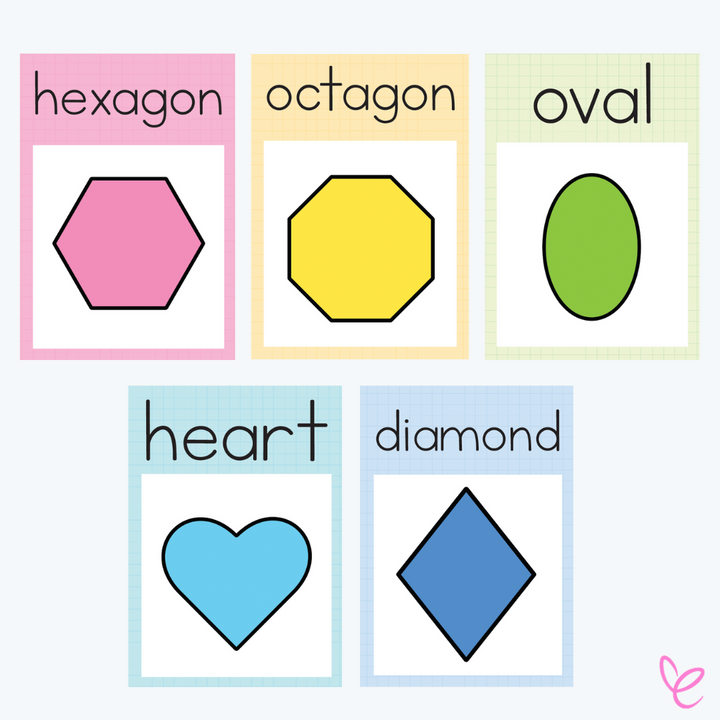 Classroom posters showing 2D shapes: hexagon, octagon, oval, heart, and diamond, designed for educational use