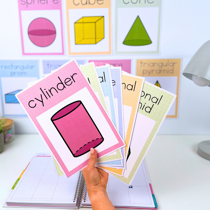 Person holding five colourful 3D shape posters while sitting at a desk. Each poster shows a shape and its name, with colours from red to blue.