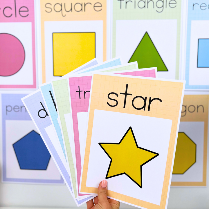 Posters displaying 2D shapes such as circles, squares, and triangles, designed for educational use in classrooms.