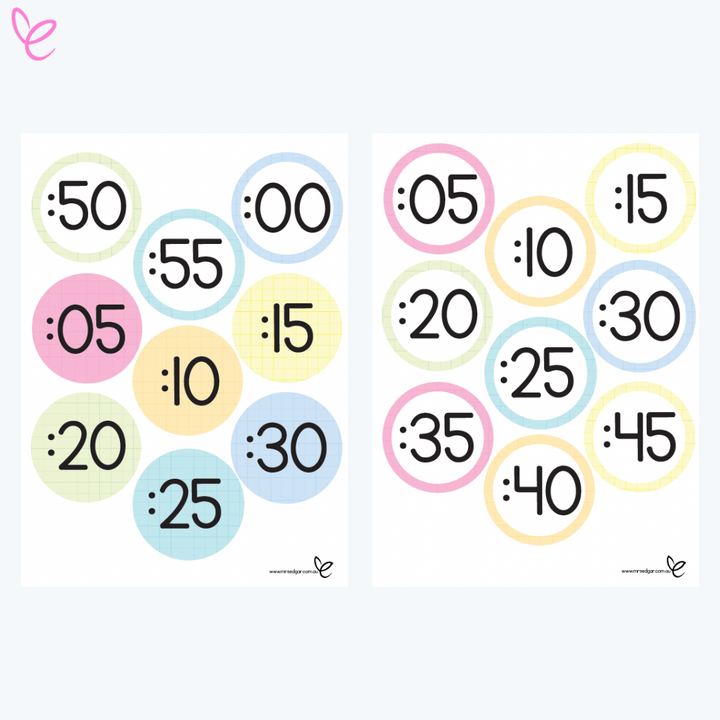 Two sheets of printable minute markers for a clock activity, with colourful circles displaying times from :05 to :55. The markers have a grid pattern for easy cutting and assembly.