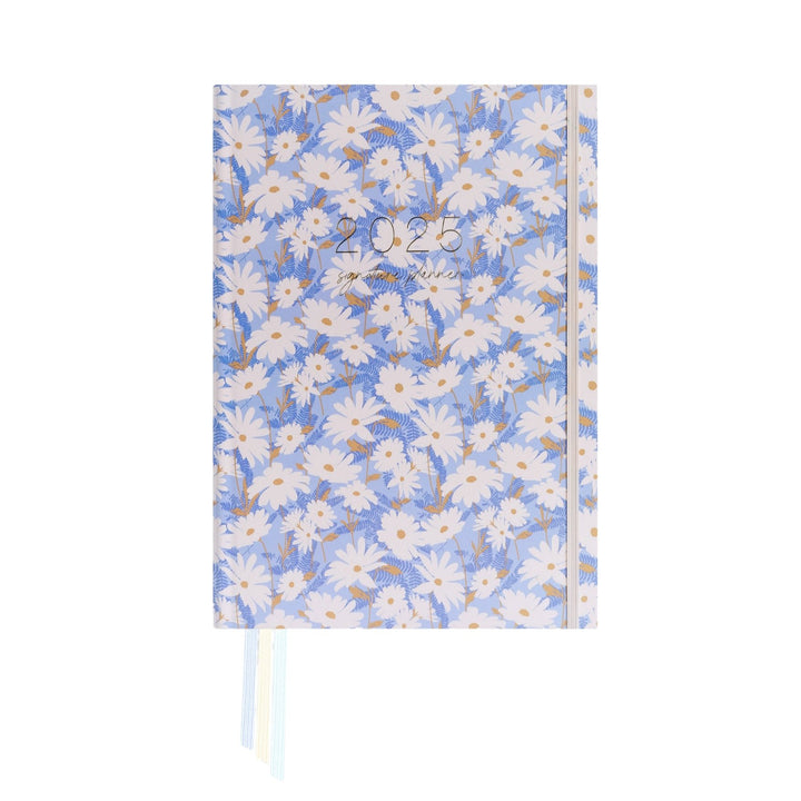 2025 Classic Weekly Teacher Planner named Wild Daisies, featuring daisies and dark blue ferns on a blue background.