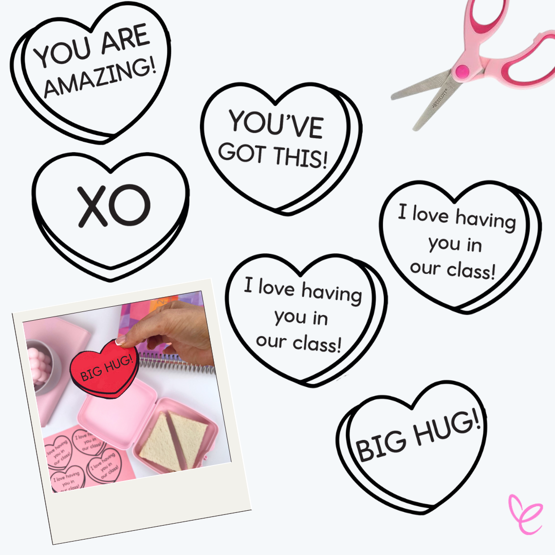 Hand holding a red heart-shaped note that says 'Big Hug!' near a pink lunchbox with a sandwich and candy hearts. Printable candy heart notes with motivational messages like 'You’ve got this!' displayed around.