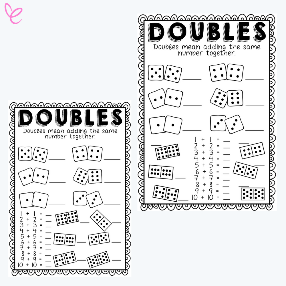 Two black-and-white printable worksheets titled 'Doubles,' designed to teach students how to add the same number together. The worksheets feature dice and domino illustrations as visual aids, along with fill-in-the-blank addition problems such as 1+1, 2+2, and 3+3.