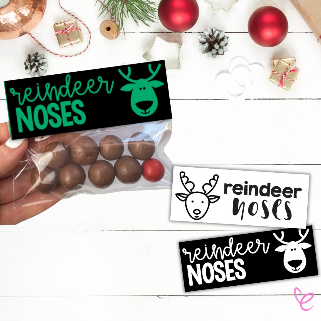 Reindeer Noses Christmas treat toppers printable with festive background, designed to staple on treat bags filled with candy.