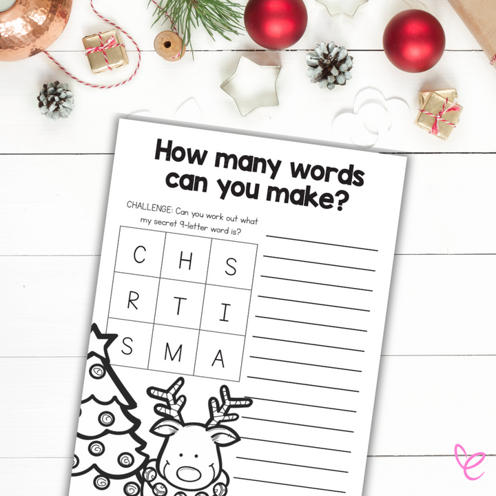 Printable Christmas word search challenge with festive background, featuring colourable reindeer and Christmas tree, perfect for classrooms.