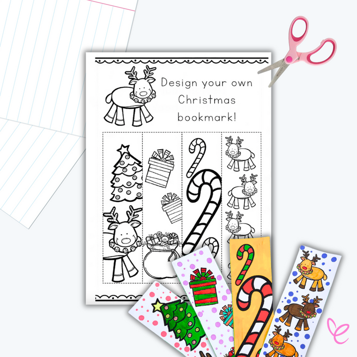 Christmas Bookmark card with four designs to cut out for students to create their own designs and four completed bookmarks underneath.