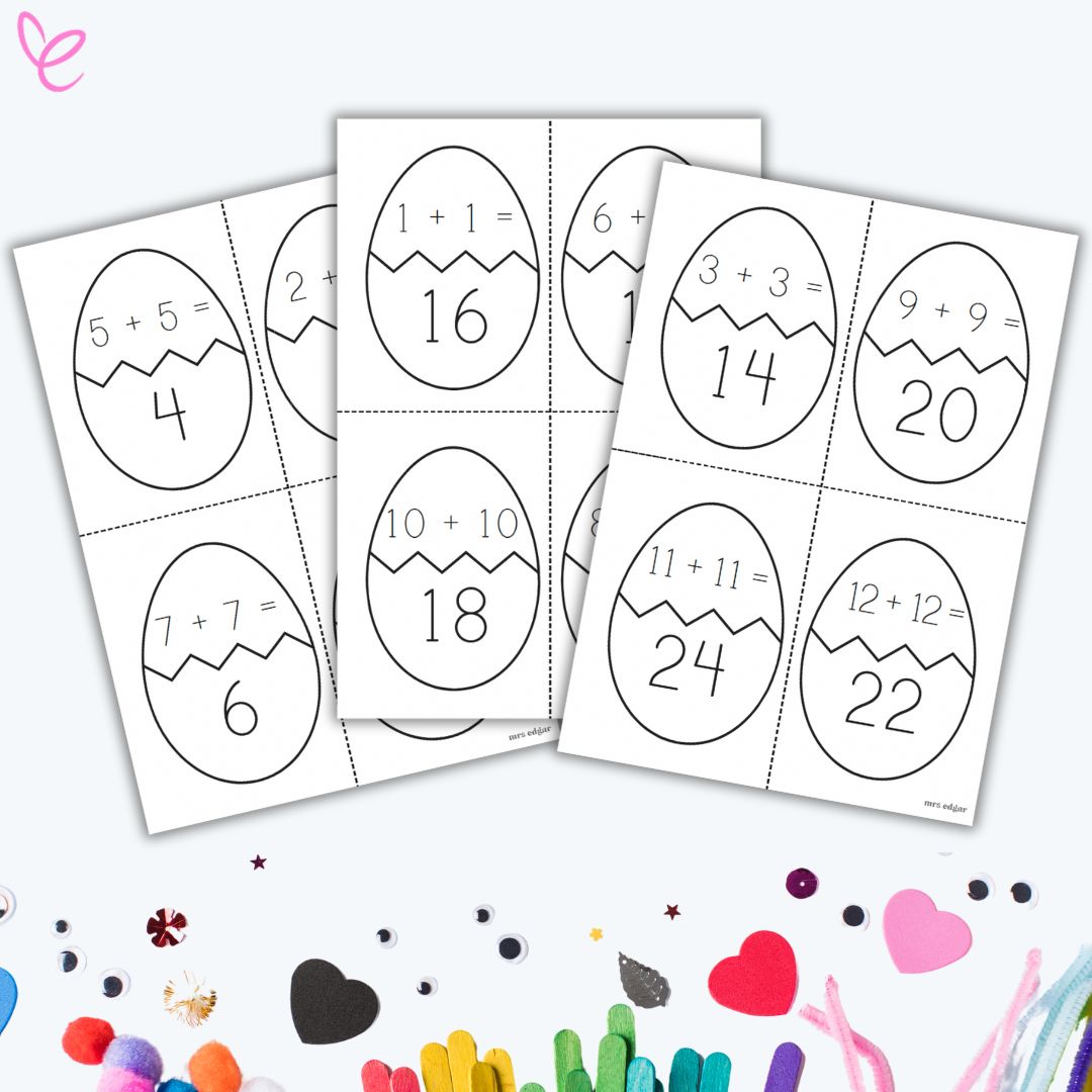 A set of printable Easter egg math activity sheets with addition equations for kids, decorated with craft supplies for creative learning.