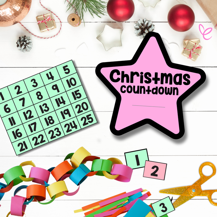 Christmas Countdown digital teacher download displayed on a white table surrounded by festive Christmas decorations.