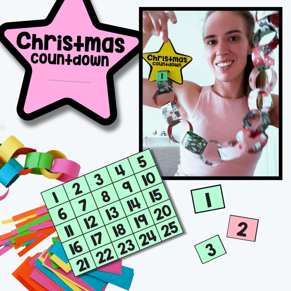 Christmas Countdown digital teacher download displayed on a white table surrounded by other craft items. Showcasing a women holding up a Christmas Countdown loop.