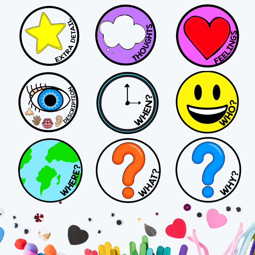 Nine colorful storytelling prompt icons arranged in a 3x3 grid, each with a visual cue and a keyword such as 'Who?,' 'What?,' and 'Why?'. The bottom features an assortment of craft materials, including colored popsicle sticks, hearts, googly eyes, and glittery decorations.