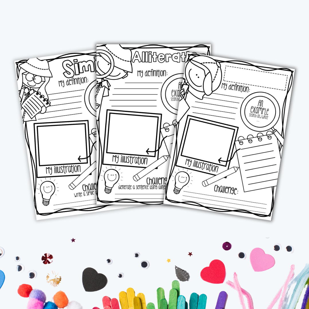 Three black and white figurative language worksheets for simile, alliteration, and onomatopoeia, displayed with colourful craft materials such as crayons, googly eyes, and popsicle sticks.