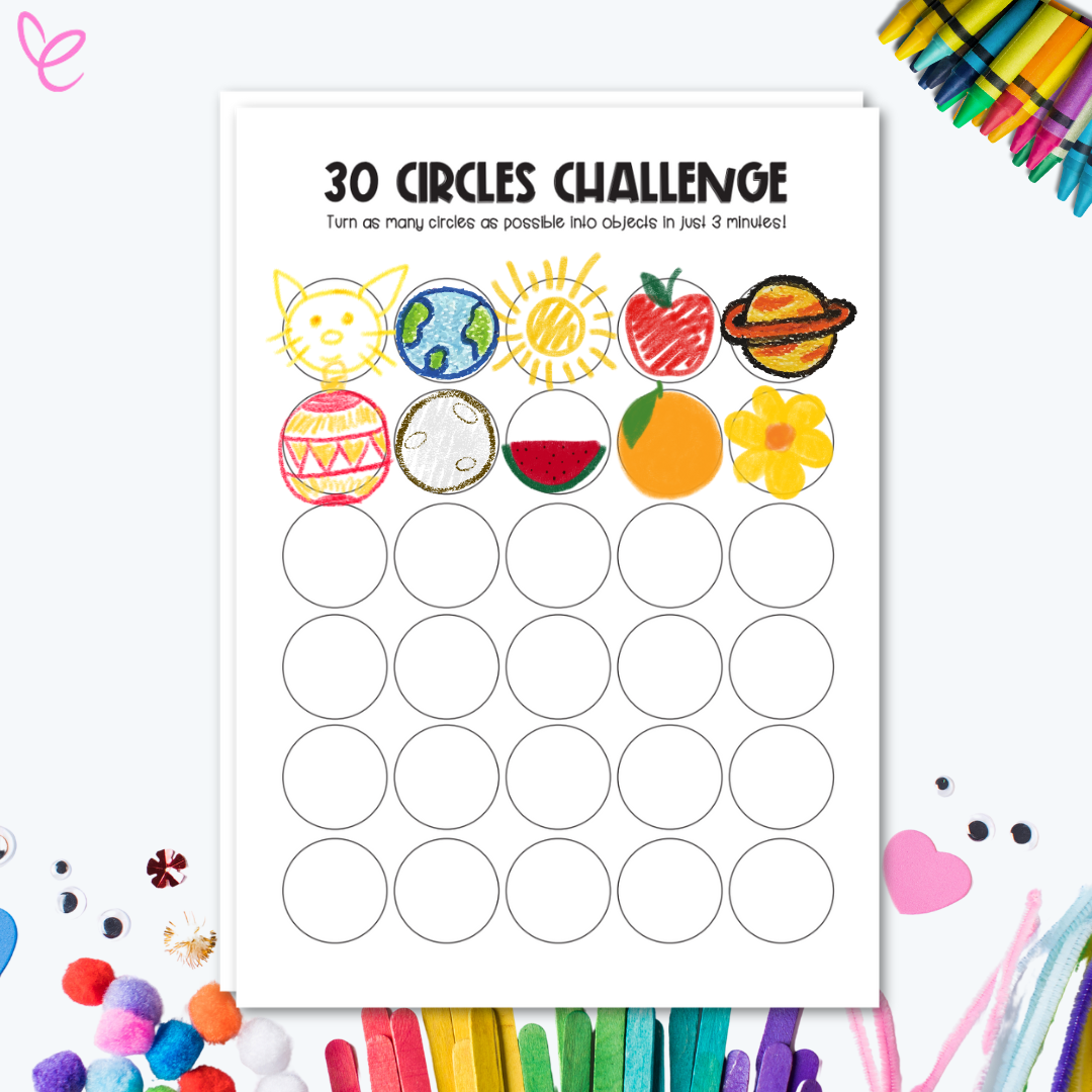 A completed '30 Circles Challenge' worksheet featuring circles transformed into colorful drawings, including a cat, sun, Earth, watermelon, and a planet.