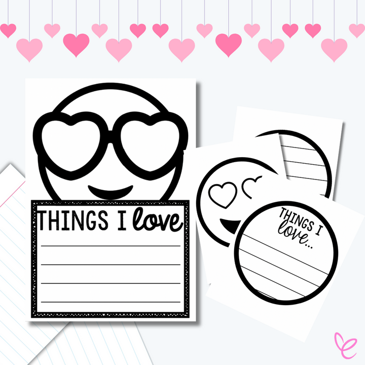 Black-and-white printable worksheet featuring a smiling emoji with heart-shaped sunglasses. Below is a lined writing section titled 'Things I Love' for students to list their favourite things.