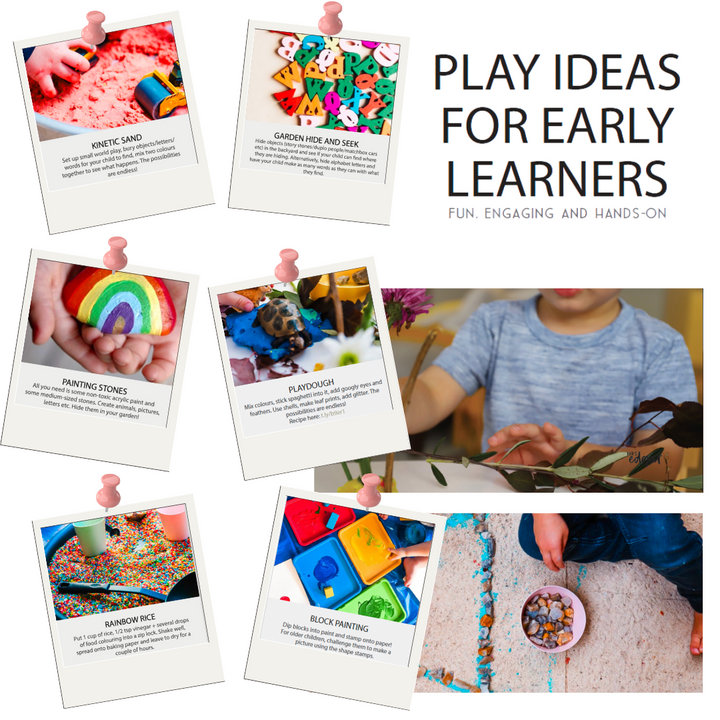 Collage of play ideas for early learners featuring six activities: kinetic sand, garden hide and seek, painting stones, playdough, rainbow rice, and block painting. Each activity is displayed as a polaroid with descriptions, and the background shows a child engaging in a hands-on activity with natural materials.