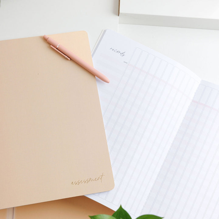 Styled photo of the tan assessment journal, with one closed on top of an open neutral spread. A pen is placed on top. 