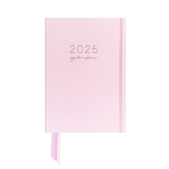 2025 Classic Weekly Teacher Planner in blush pink with elegant gold text, featuring a sleek, coil-free design.