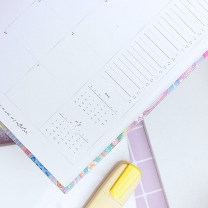 Angled close-up of the June calendar's right page, featuring mini-calendars for July and August and a to-do list, with Aboriginal art - Jagun-Country.