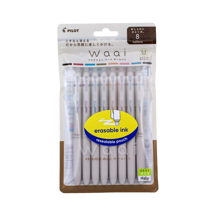 pack of 8 Waai ballpoint pens with erasable ink displayed in original packaging, showcasing multiple colours ideal for versatile writing tasks