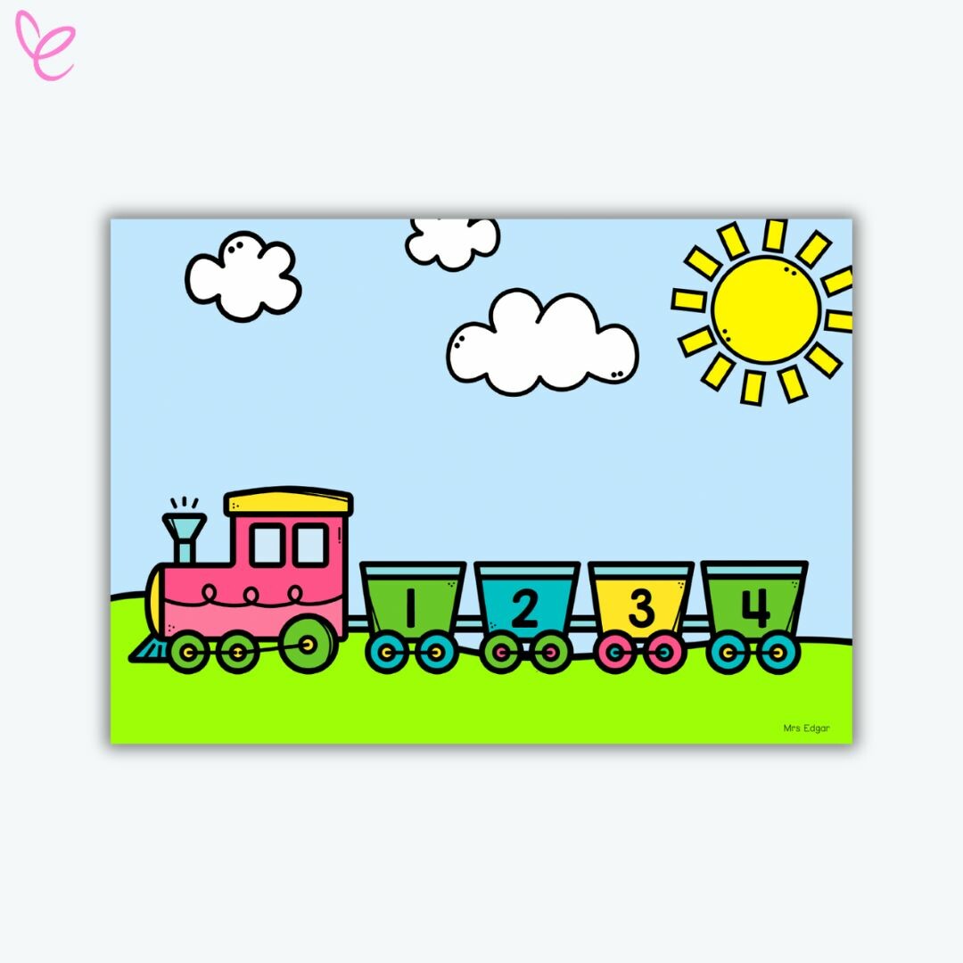 Colourful educational illustration of a pink and yellow train with four numbered carriages (1-4) on a green hill under a bright blue sky with clouds and a shining sun.