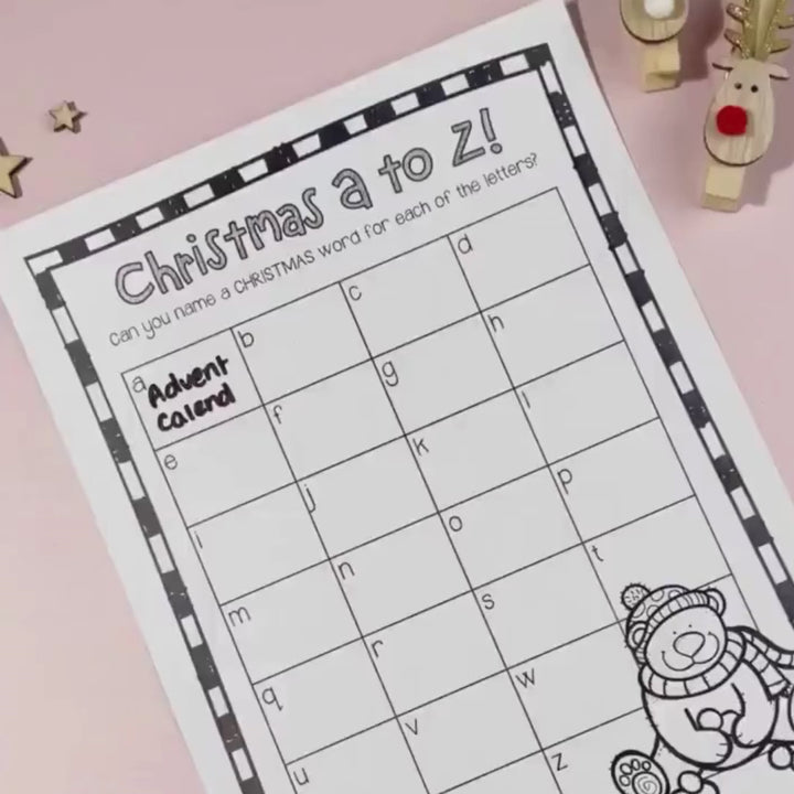 A video of the Digital A to Z Christmas digital teacher template before and after it has been filled out , designed to enhance vocabulary and celebrate the festive spirit.