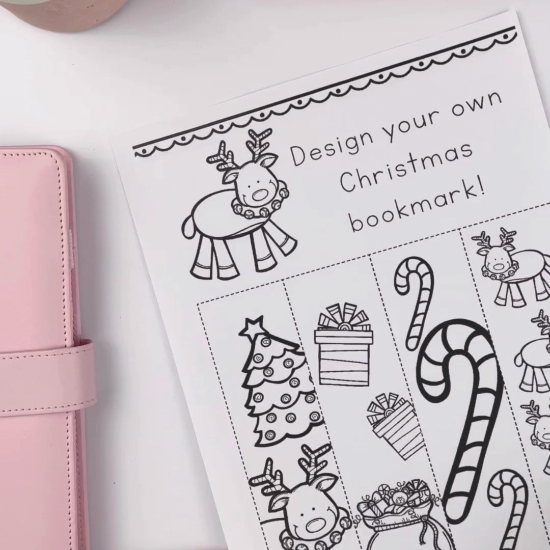 A video of a women showing the before and after colouring in our digital download 'Christmas Colour In Bookmarks'.