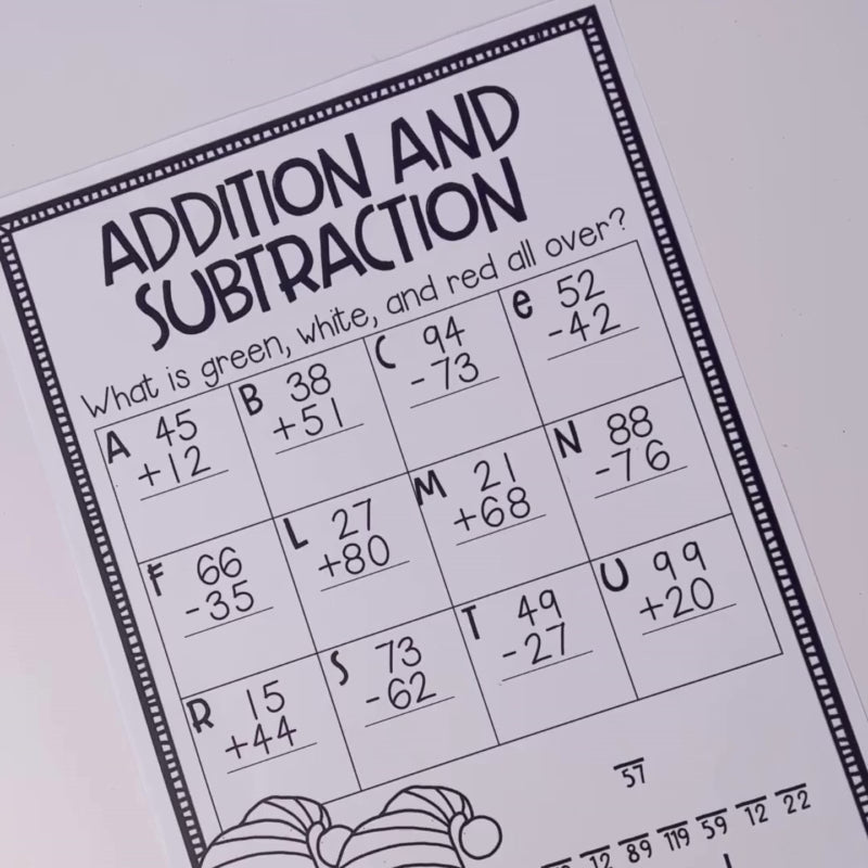 A video of a Women showing the before and after of our 'Christmas addition and subtraction' digital teacher download worksheet.