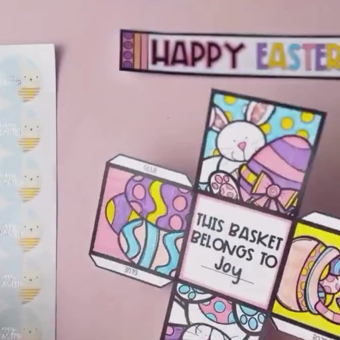 A video of the Digital Easter Basket Craft showing the steps and stages of the completed basket, displayed with pencils and craft items on a white background.