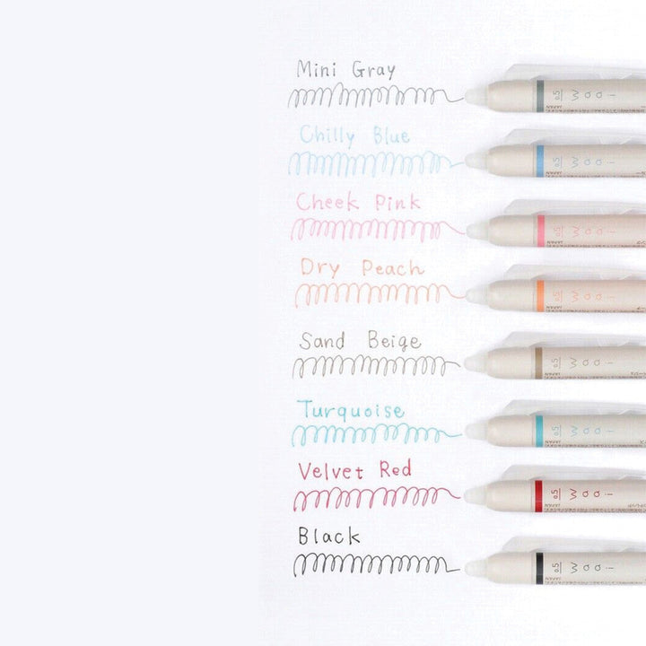 Waai ballpoint pens in 8 vibrant colours with erasable ink, displayed with writing to showcase ink colours